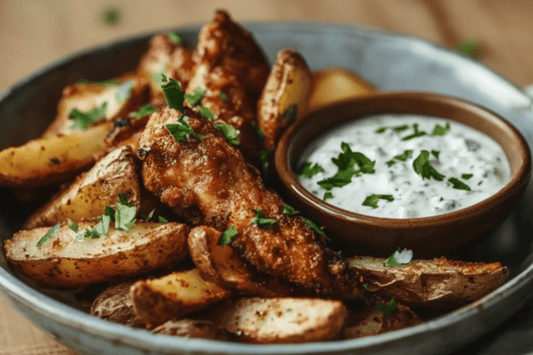 Crispy Oven-Baked Chicken Fakeaway with Spiced Wedges and Garlic Yogurt Dip