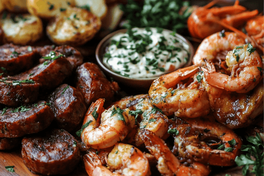 Spanish Tapas Platter with Patatas Bravas, Chorizo al Vino, and Garlic Prawns