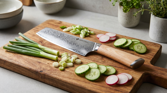 Japanese VG10 Damascus nakiri knife resting on a chopping board with fresh vegetables