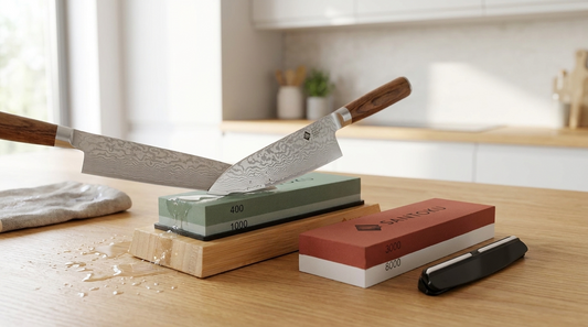 A Japanese Damascus knife being sharpened on a Santoku Knives whetstone at a 15-degree angle