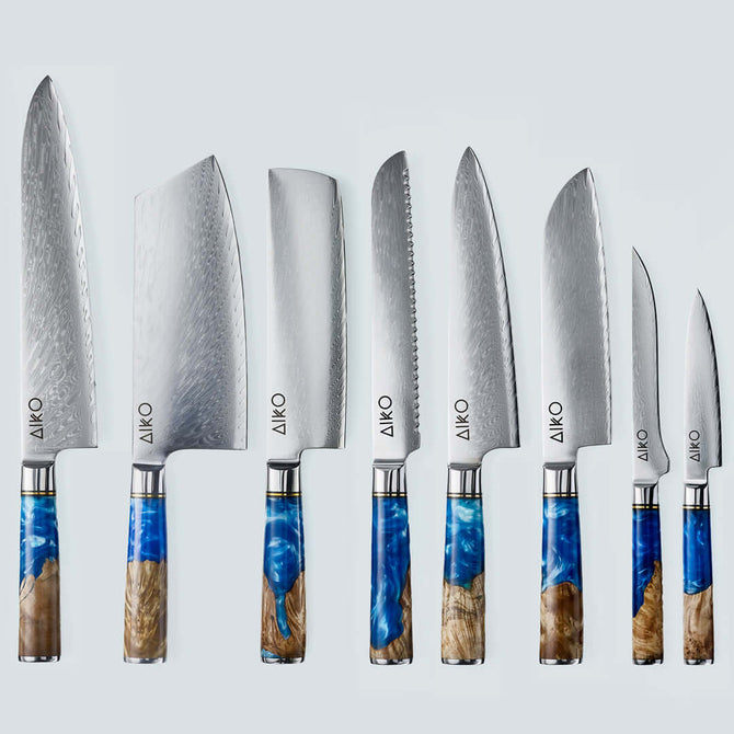 Aiko Blue Damascus Steel Knife with Coloured Blue Resin Handle