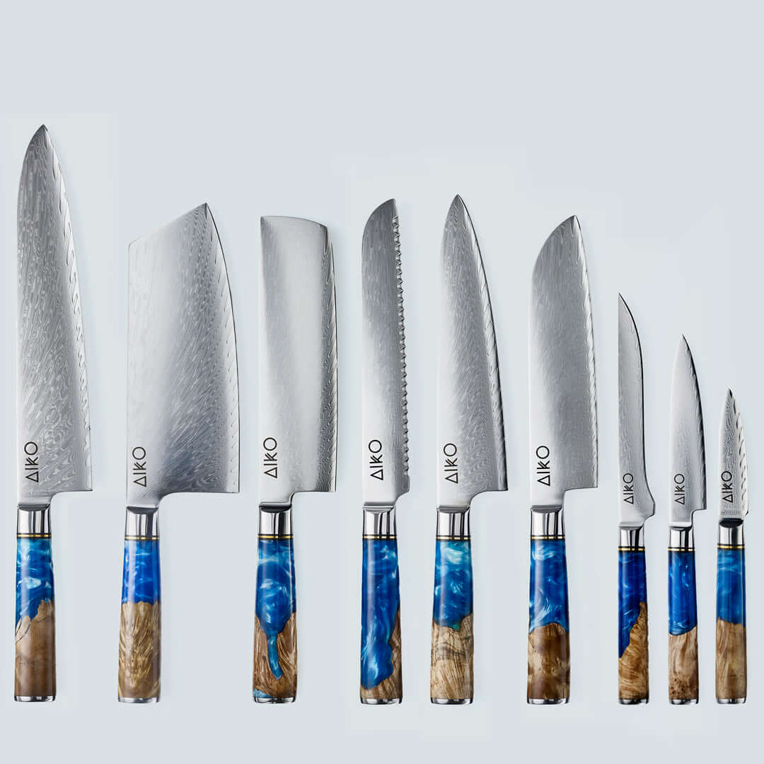 Aiko Blue Damascus Steel Knife with Coloured Blue Resin Handle