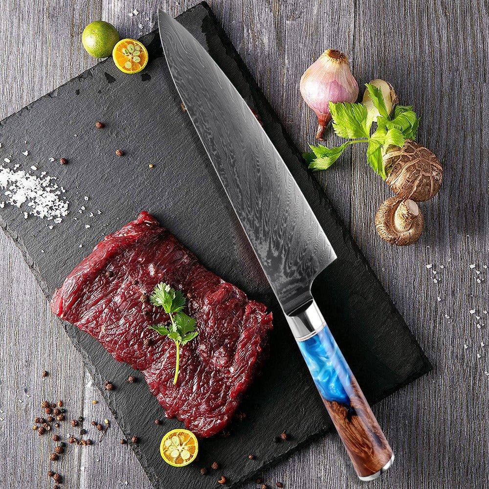 Gyuto Damascus Steel Knife with Coloured Blue Resin Handle