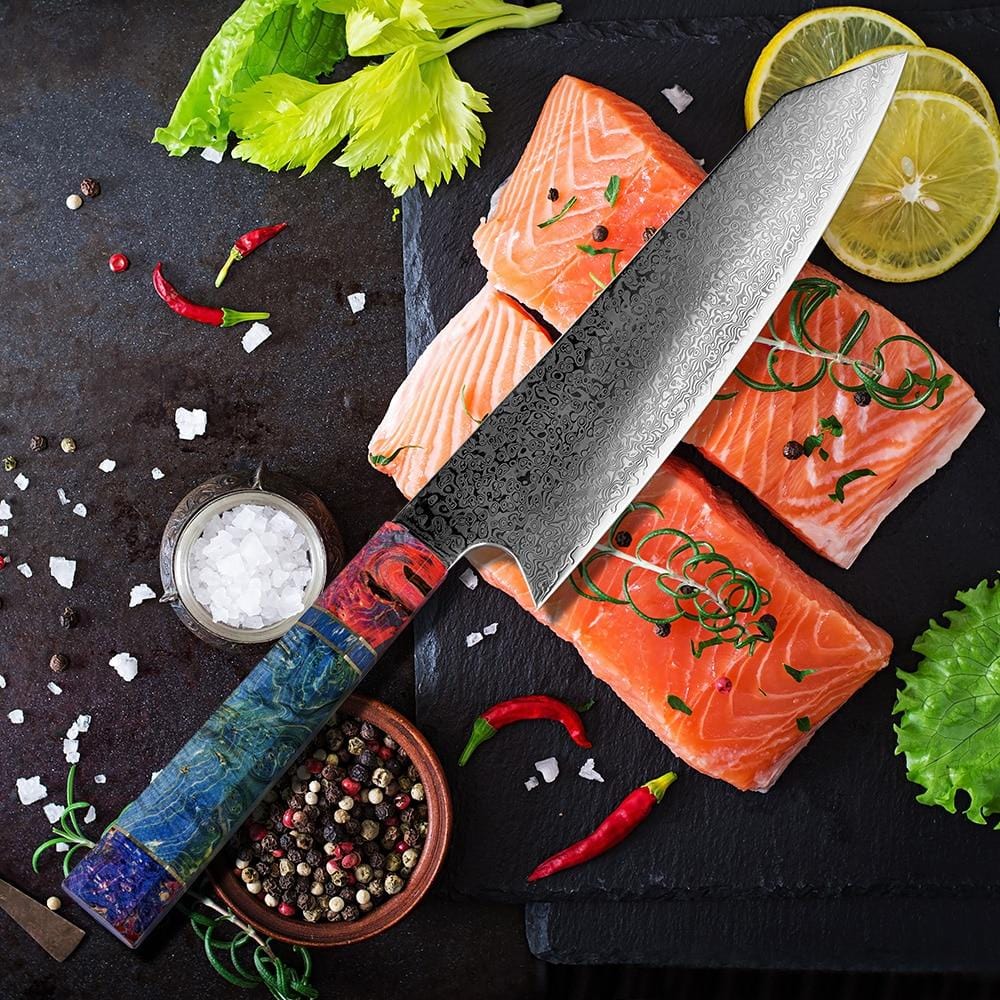 Kiritsuke Damascus Steel Knife With Coloured Ebony Handle